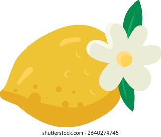 Fresh Yellow Lemon with White Blossom Flower and Green Leaf – Cute Summer Fruit Illustration for Food, Citrus, or Organic Themes