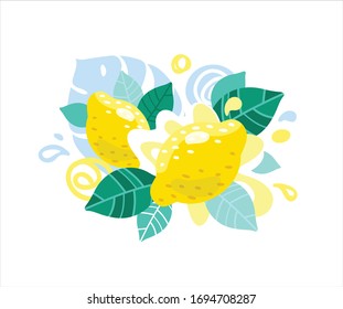 Fresh yellow lemons with lemon juice splash. Organic food fruit with abstract vector leaves and swirls illustration.