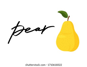Fresh yellow pear with green leaf and handwritten title. Pear fruit isolated on a white background.