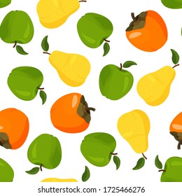 Fresh yellow pear, persimmon and green apple seamless pattern. Bright summer background.