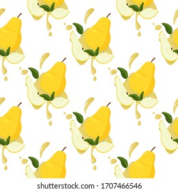 Fresh yellow pear seamless pattern. Bright summer background.