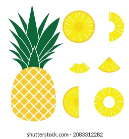 Fresh yellow pineapple in flat style. Vector whole and parts pineapple isolated on a white background.