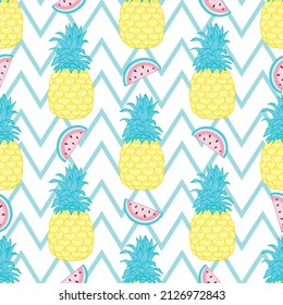 Fresh yellow pineapple vector repeat seamless pattern. Great for fabric, packaging, wallpapers, invitations.
