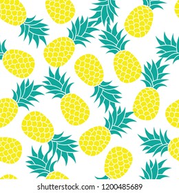 Fresh Yellow Pineapples Vector Repeat Seamless Pattern in White colors. Great for print, fabric, packaging, wallpaper, invitations.