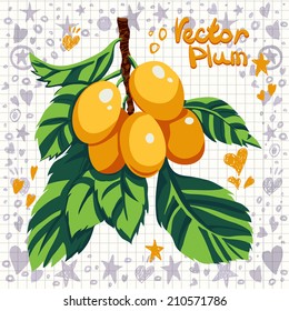 Fresh yellow plums with leaves. Vector illustration.