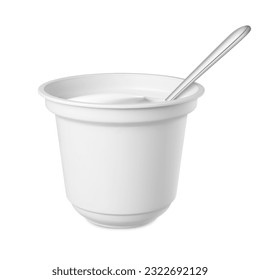 Fresh yogurt in white realistic plastic container with metal spoon. 3d packaging mockup, open sour cream cup. Tasty dairy product pithy vector element