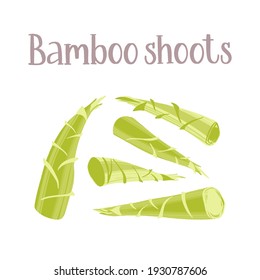 Fresh young bamboo shoots. Healthy nutrition product. Vector hand drawn flat isolated illustration with hand written lettering for your design on white background.