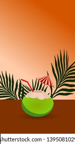 Fresh young coconut drink with palm and sunset background illustration vector