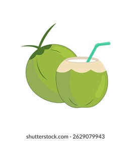 Fresh young coconut fruits. Whole green coconut. Cocktail "green coconut" with a straw. The concept of a summer coconut cocktail. A graphic element. A flat cartoon illustration on a white background