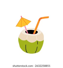 Fresh young coconut fruits. Whole green coconut. Cocktail "green coconut" with a straw. The concept of a summer coconut cocktail. A graphic element. A flat cartoon illustration on a white background