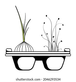 La juventud fresca brota varias plantas. Ilustración vectorial de boceto microverde. Comida vegetariana saludable. Concepto de reutilización y pudrición. 
Semilla de crecimiento en recipiente. 