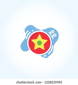 fresh yoyo logo illustration, red yoyo with yellow star symbol, white outline, blue sky background and rotate effect from red yoyo, simple logo, flat yoyo logo and icon illustration