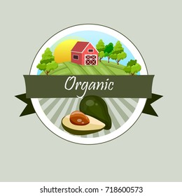 Fresh and yummy label of avocado fruit. shop and farm market design. Vector round label, avocado jam, sauce or juice label