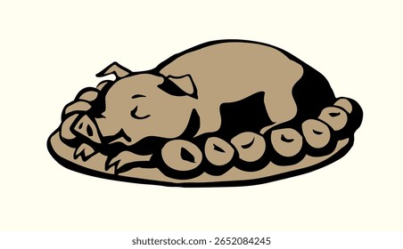 Fresh yummy tasty royal picnic party home farm hot fat spit piggy event bowl juicy fruit tray ham snack slice piece white banquet cafe bar. Outline hand drawn old retro age menu line art sketch style