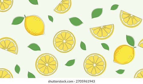 Patrón sin fisuras fresco y picante con rodajas de limón entero de estilo dibujado a mano y hojas verdes sobre un fondo verde claro.