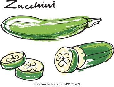 Fresh zucchini courgette whole & sliced vector illustration