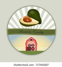 Fresha and yummy label of avocado fruit. shop and farm market design. Vector round label, avocado jam, sauce or juice label