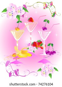 Freshening drinks on a pink background with colors. Vector illustration.