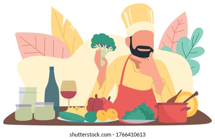Freshest possible ingredients. Chef use fresh organic vegetables for dish. Vegetarian meal. Organic food. Fresh ingredients only. Culinary recipe concept. Man bearded hipster cooking fresh vegetables