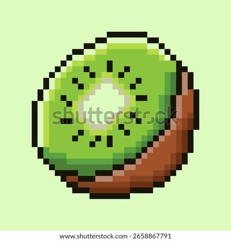 Fresh-looking sliced kiwi fruit icon designed in a charming retro pixel art style. This 8-bit illustration shows the vibrant green flesh, white core, and black seeds of the exotic fruit