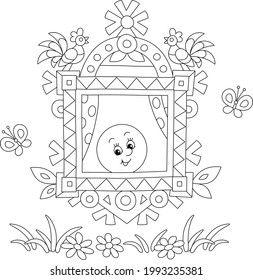 Freshly backed happy round loaf friendly smiling and looking out of a traditionally decorated window of a village log house from a fairytale, black and white vector cartoon for a coloring book page