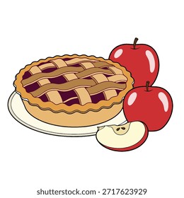 Freshly baked apple pie with 2 apples served around it