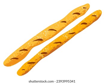 Freshly baked baguette vector illustration isolated on white background, top view.