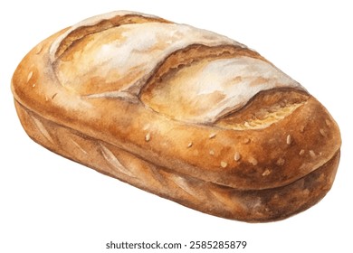 Freshly baked bread, artisanal loaf, watercolor illustration, warm tones, food photography, culinary art, rustic style.