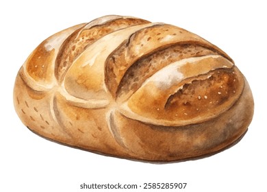 Freshly baked bread, artisanal loaf, watercolor style, warm tones, rustic appearance, food illustration, bakery art.