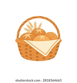 Freshly Baked Bread Buns in a Wicker Basket with Wheat Ears and Napkin Illustration