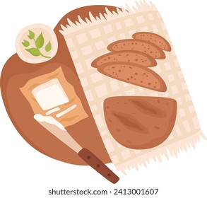 Pan recién horneado con mantequilla y hierbas en la tabla de despiece, manta de picnic. Ilustración vectorial del concepto de comida y panadería caseras.