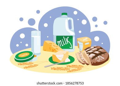 Freshly baked bread and dairy products. Natural organic nutritious food. Homemade bread, milk, cheese, yoghurt and butter. Traditional healthy breakfast meal flat vector illustration