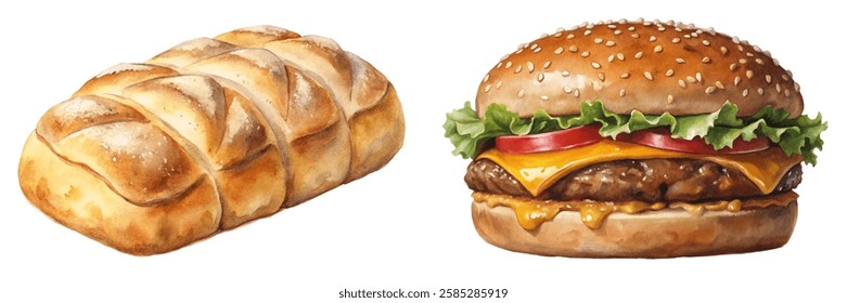 Freshly baked bread, delicious hamburger, vibrant colors, food illustration, culinary art, appetizing visuals.