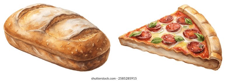 Freshly baked bread, delicious pizza slice, watercolor illustration, food art, culinary design, vibrant colors, appetizing visuals.