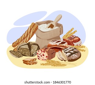 Frisch gebackenes Brot. Voller Sack mit Mehl, Weizenähren, rustikalem Brot und Patisserie-Sortiment. Natürliche ökologische und gesunde Produkte. Bäckerei, Bäckerei, Bäckerei, Design, Vektorgrafik