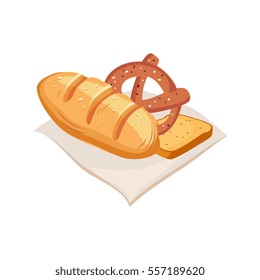 Freshly Baked Bread, Pretzel And Toast, Farm And Farming Related Illustration In Bright Cartoon Style