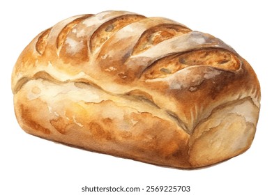 Freshly baked bread, watercolor illustration, golden crust, artisanal loaf, rustic style, food art, culinary design.