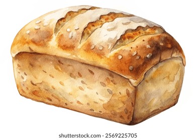 Freshly baked bread, watercolor illustration, golden crust, soft interior, artisanal loaf, food art, culinary design.