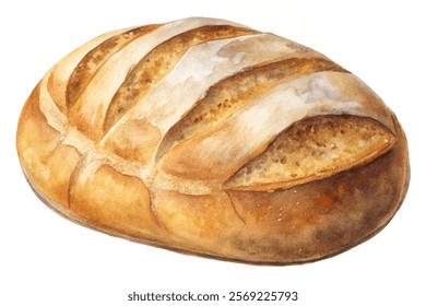 Freshly baked bread, watercolor illustration, artisanal loaf, golden crust, rustic style, food art, culinary design.