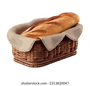 Freshly baked bread in wicker basket picnic icon isolated