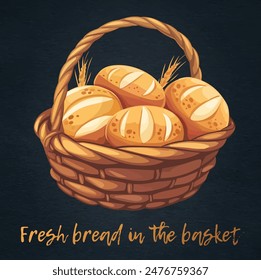 Freshly baked bread in a wicker basket cartoon vector icon isolated on a black chalkboard. The bread is a golden brown color and has a slightly textured crust. The basket is rustic and traditional