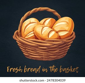 Freshly baked bread in a wicker basket cartoon vector icon isolated on a black chalkboard. The bread is a golden brown color and has a slightly textured crust. The basket is rustic and traditional