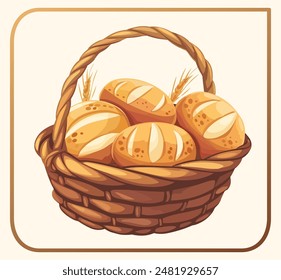 Freshly baked bread in a wicker basket cartoon vector icon isolated on a beige background. The bread is a golden brown color and has a slightly textured crust. The basket is rustic and traditional