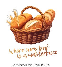 Freshly baked bread in a wicker basket cartoon vector icon isolated on a white background. The bread is a golden brown color and has a slightly textured crust. The basket is rustic and traditional