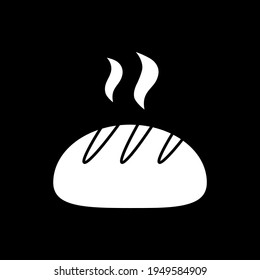 Freshly baked bun dark mode glyph icon. Steaming loaf of bread. Hot meal. Warm bakery product. Grocery product and foodstuff. White silhouette symbol on black space. Vector isolated illustration