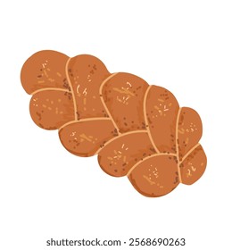 Freshly baked challah bread loaf with sesame seeds on white background