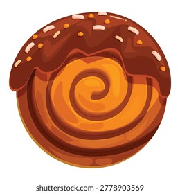 Freshly baked cinnamon roll dripping with chocolate icing and sprinkles, creating a sweet and tempting treat