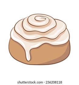 Freshly baked cinnamon roll with sweet frosting. Vector illustration.