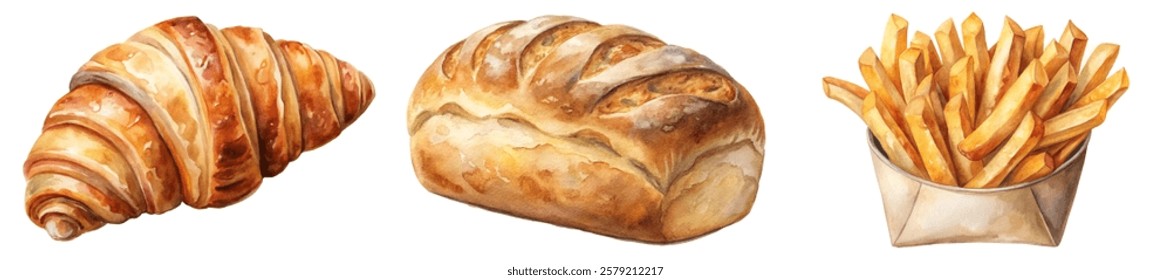 Freshly baked croissant, artisanal bread loaf, crispy French fries, food illustration, watercolor style, delicious snacks.