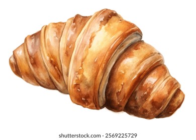 Freshly baked croissant, golden brown pastry, watercolor illustration, delicious breakfast option, gourmet food art.